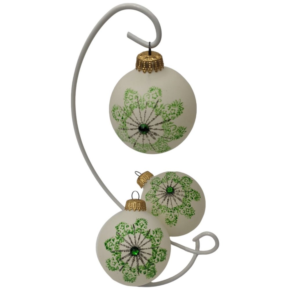 West Germany Glass Ornaments Green Silver Glitter Embellished Gold Tone Set of 3